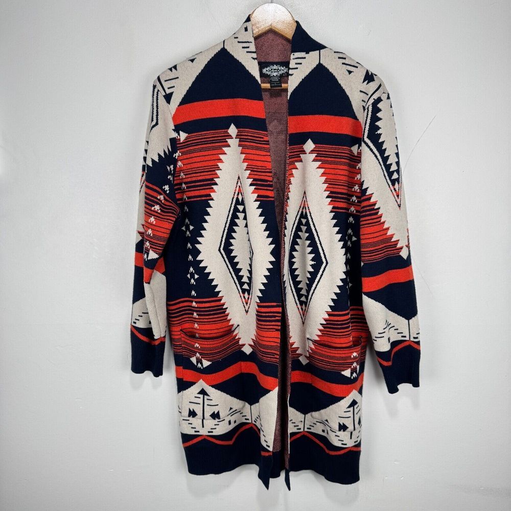 Oliver O Cardigan Wrap Sarong Women Large Blue Orange Aztec Viscose Blend Long